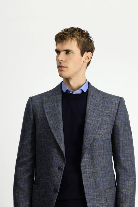 Koyu Antrasit 7 Drop Slim Fit Dar Kesim Yünlü Ekose Spor Yarım Astar Torba Cep Sivri Yaka Ceket