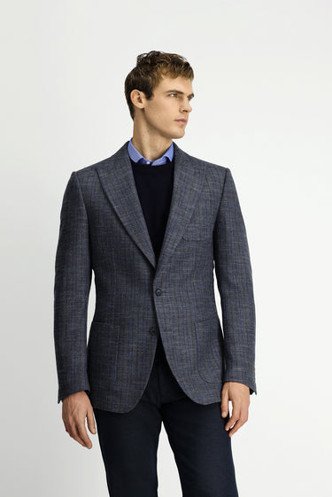 Koyu Antrasit 8 Drop Muscle Fit Uzun Atletik Kesim Yünlü Ekose Spor Yarım Astar Torba Cep Sivri Yaka Ceket