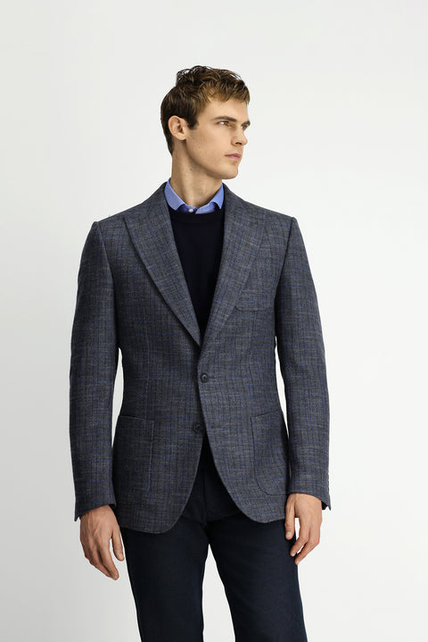 Koyu Antrasit 7 Drop Slim Fit Dar Kesim Yünlü Ekose Spor Yarım Astar Torba Cep Sivri Yaka Ceket