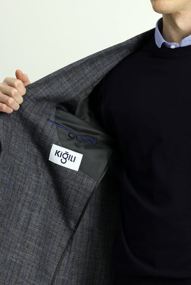 Koyu Antrasit 7 Drop Slim Fit Dar Kesim Yünlü Ekose Spor Yarım Astar Torba Cep Sivri Yaka Ceket