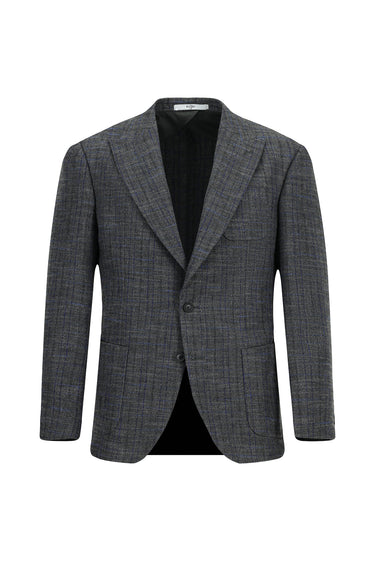 Koyu Antrasit 8 Drop Muscle Fit Uzun Atletik Kesim Yünlü Ekose Spor Yarım Astar Torba Cep Sivri Yaka Ceket