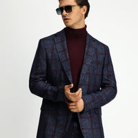Koyu Lacivert Relaxed Fit Rahat Kesim Ekose Yünlü Ceket