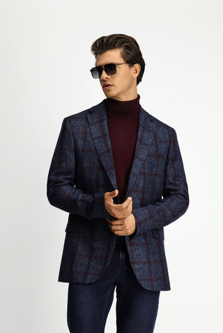  Koyu Lacivert Relaxed Fit Rahat Kesim Ekose Yünlü Ceket