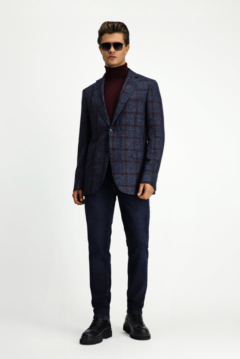 Koyu Lacivert 4 Drop Relaxed Fit Rahat Kesim Ekose Yünlü Ceket