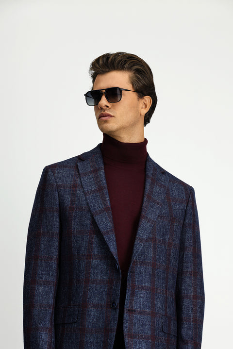 Koyu Lacivert 4 Drop Relaxed Fit Rahat Kesim Ekose Yünlü Ceket