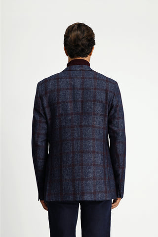  Koyu Lacivert Relaxed Fit Rahat Kesim Ekose Yünlü Ceket