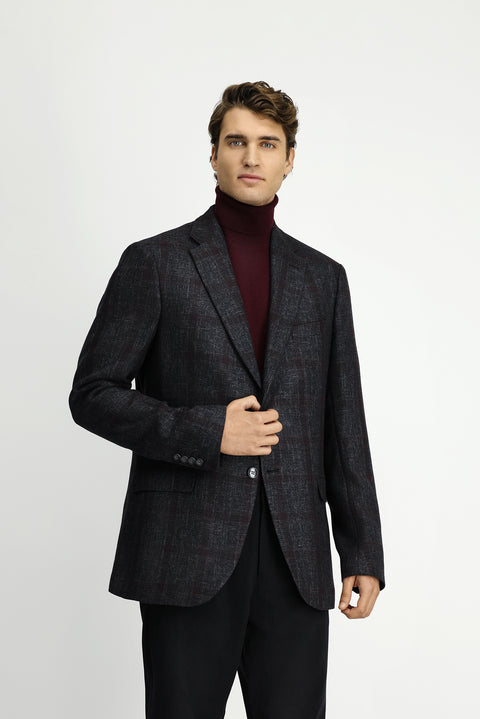 Koyu Antrasit 4 Drop Relaxed Fit Rahat Kesim Ekose Yünlü Ceket