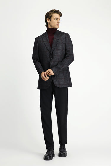 Koyu Antrasit 8 Drop Muscle Fit Uzun Atletik Kesim Ekose Yünlü Ceket