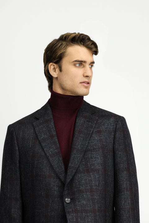 Koyu Antrasit 4 Drop Relaxed Fit Rahat Kesim Ekose Yünlü Ceket