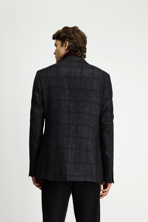 Koyu Antrasit 4 Drop Relaxed Fit Rahat Kesim Ekose Yünlü Ceket