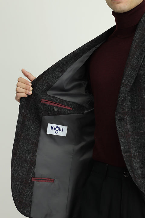 Koyu Antrasit 4 Drop Relaxed Fit Rahat Kesim Ekose Yünlü Ceket