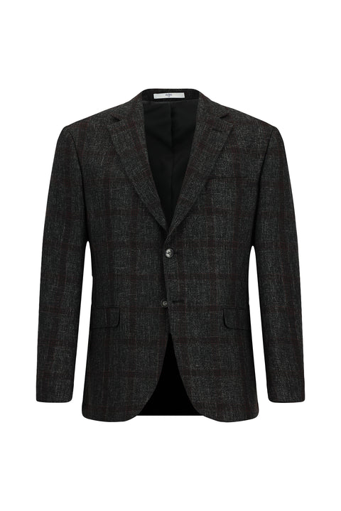 Koyu Antrasit 8 Drop Muscle Fit Uzun Atletik Kesim Ekose Yünlü Ceket