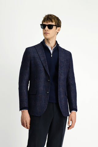  Koyu Lacivert Regular Fit Yünlü Ekose Ceket