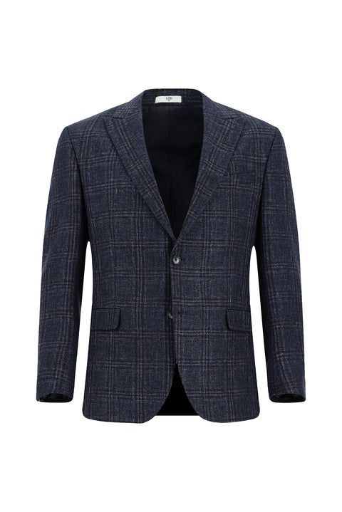 Koyu Lacivert 6 Drop Regular Fit Standart Kesim Yünlü Ekose Ceket