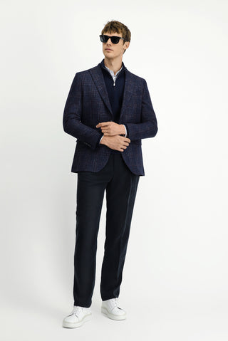  Koyu Lacivert Regular Fit Yünlü Ekose Ceket