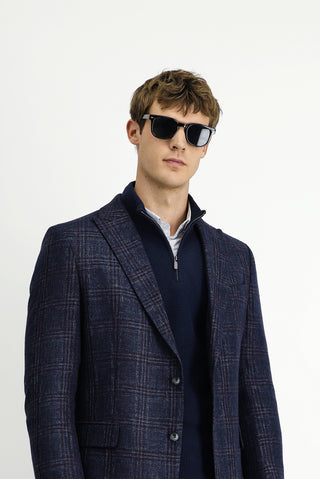  Koyu Lacivert Regular Fit Yünlü Ekose Ceket