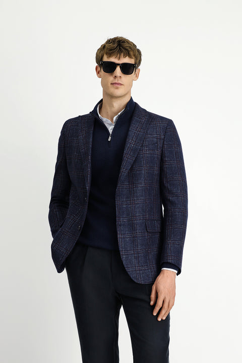 Koyu Lacivert 6 Drop Regular Fit Standart Kesim Yünlü Ekose Ceket