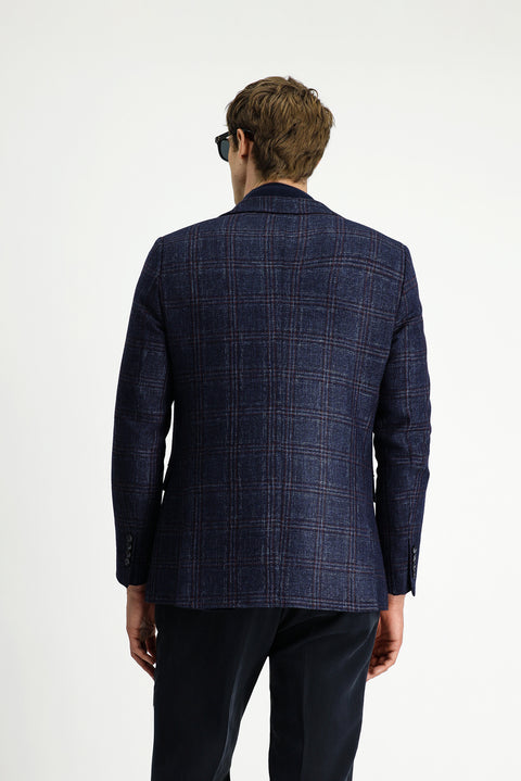 Koyu Lacivert 6 Drop Regular Fit Standart Kesim Yünlü Ekose Ceket