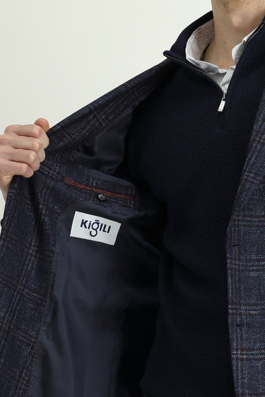 Koyu Lacivert Regular Fit Yünlü Ekose Ceket