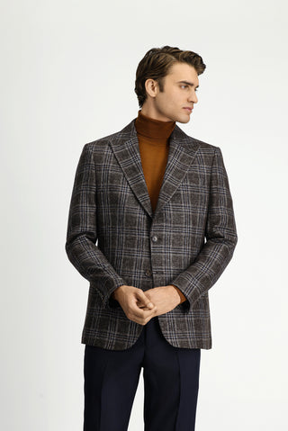  Koyu Kahve Regular Fit Yünlü Ekose Ceket