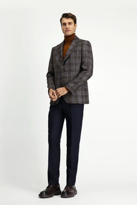 Koyu Kahve 6 Drop Regular Fit Standart Kesim Yünlü Ekose Ceket