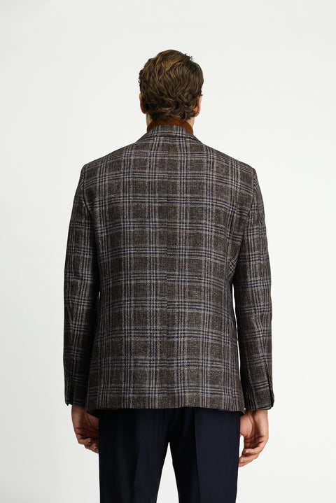 Koyu Kahve 6 Drop Regular Fit Standart Kesim Yünlü Ekose Ceket