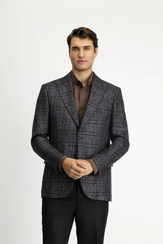  Koyu Antrasit Regular Fit Yünlü Ekose Ceket