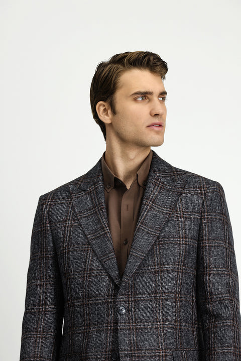 Koyu Antrasit 6 Drop Regular Fit Standart Kesim Yünlü Ekose Ceket