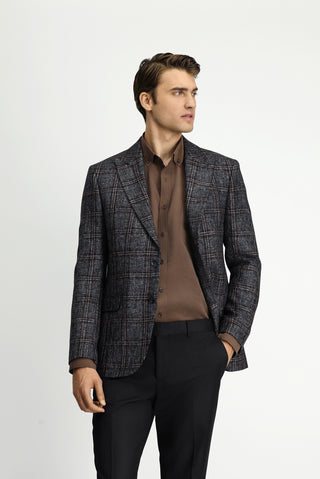  Koyu Antrasit Regular Fit Yünlü Ekose Ceket