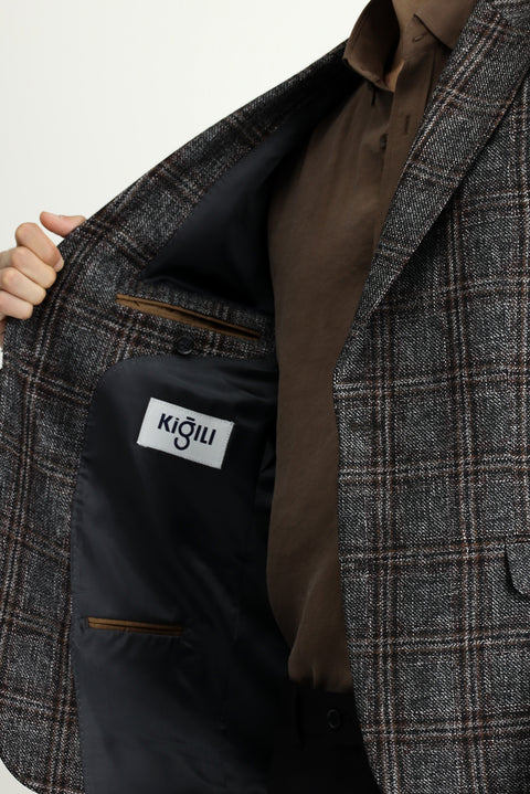 Koyu Antrasit 6 Drop Regular Fit Standart Kesim Yünlü Ekose Ceket