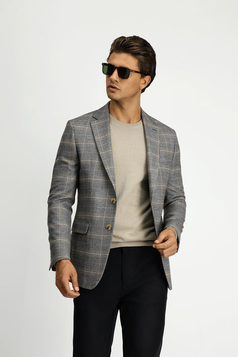 Koyu Vizon 8 Drop Muscle Fit Uzun Atletik Kesim Klasik Ekose Ceket