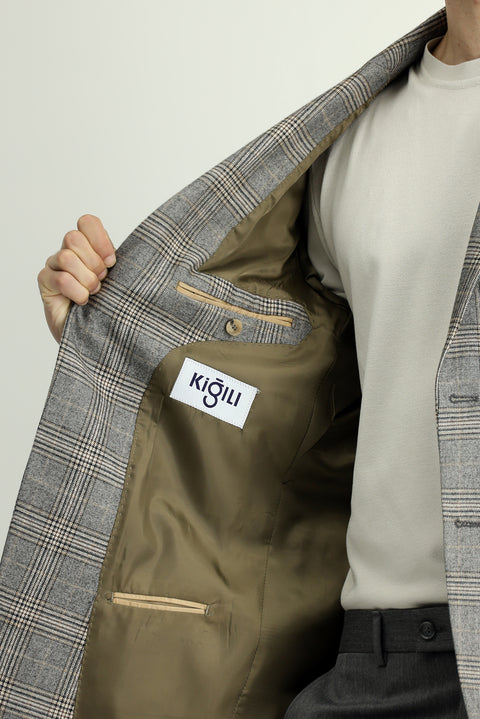 Koyu Vizon 8 Drop Muscle Fit Uzun Atletik Kesim Klasik Ekose Ceket