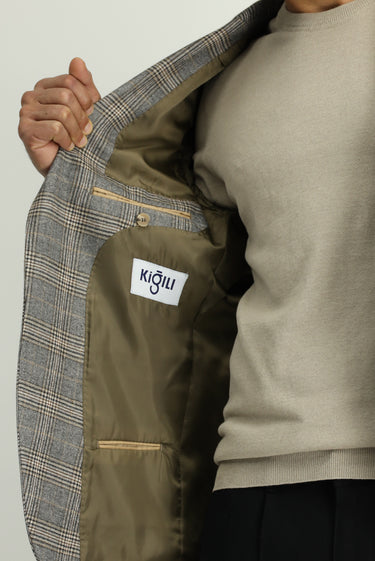 Koyu Vizon Regular Fit Klasik Ekose Ceket