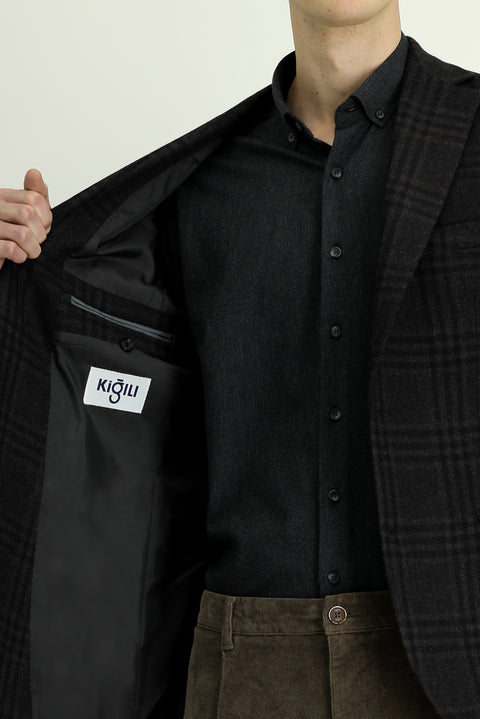 Acı Kahve 6 Drop Regular Fit Standart Kesim Yünlü Ekose Ceket