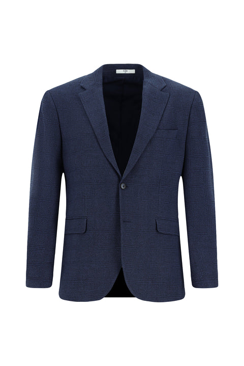 Koyu Lacivert 7 Drop Slim Fit Dar Kesim Klasik Ekose Ceket