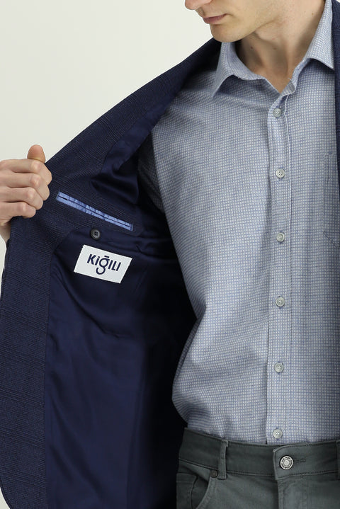 Koyu Lacivert 7 Drop Slim Fit Dar Kesim Klasik Ekose Ceket