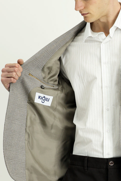 Orta Bej 7 Drop Slim Fit Dar Kesim Klasik Ekose Ceket