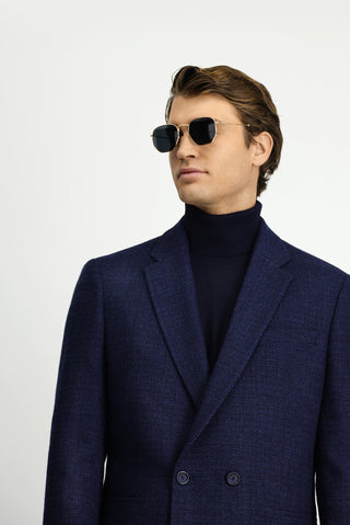  Koyu Lacivert Regular Fit Desenli Yünlü Kruvaze Ceket