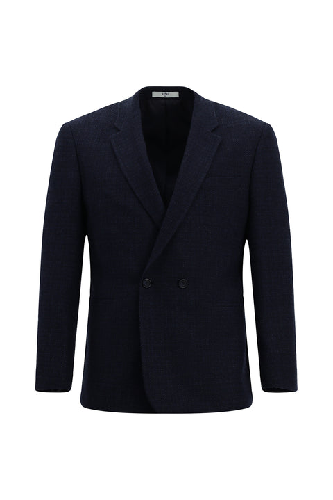 Koyu Lacivert 6 Drop Regular Fit Standart Kesim Desenli Yünlü Kruvaze Ceket