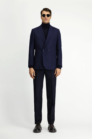  Koyu Lacivert Regular Fit Desenli Yünlü Kruvaze Ceket