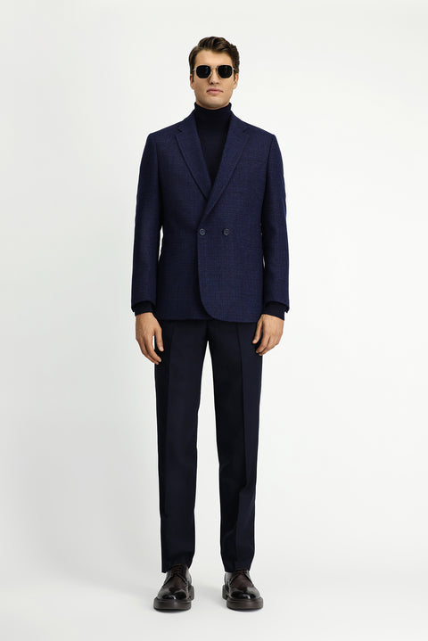 Koyu Lacivert 6 Drop Regular Fit Standart Kesim Desenli Yünlü Kruvaze Ceket