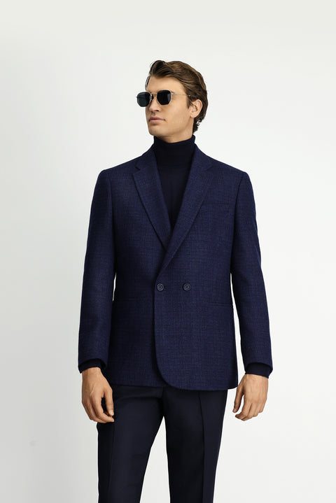 Koyu Lacivert 6 Drop Regular Fit Standart Kesim Desenli Yünlü Kruvaze Ceket