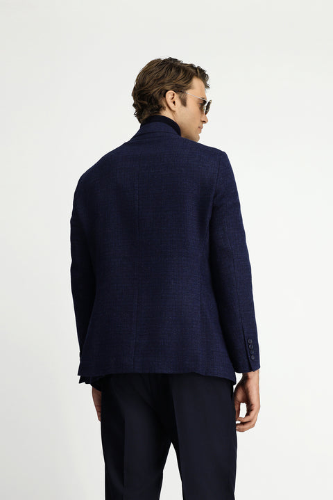 Koyu Lacivert 6 Drop Regular Fit Standart Kesim Desenli Yünlü Kruvaze Ceket