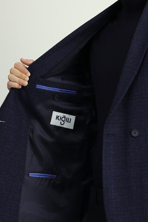 Koyu Lacivert 6 Drop Regular Fit Standart Kesim Desenli Yünlü Kruvaze Ceket