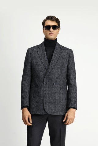  Koyu Antrasit Regular Fit Desenli Yünlü Kruvaze Ceket