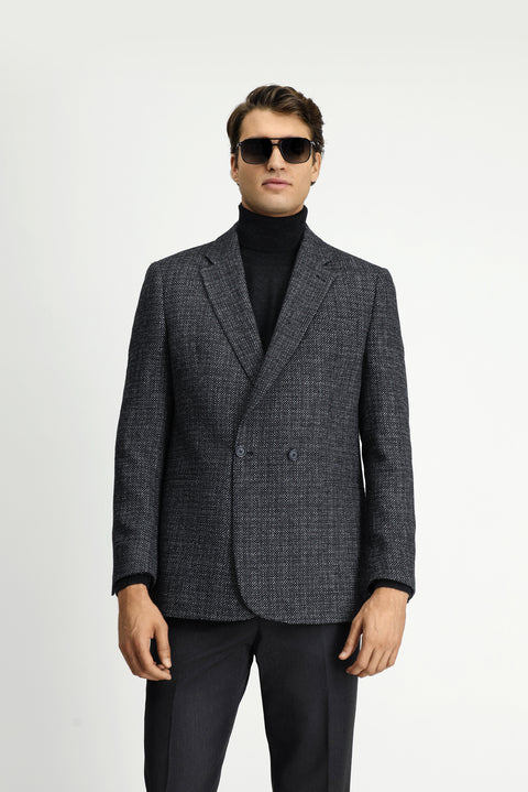 Koyu Antrasit 6 Drop Regular Fit Standart Kesim Desenli Yünlü Kruvaze Ceket