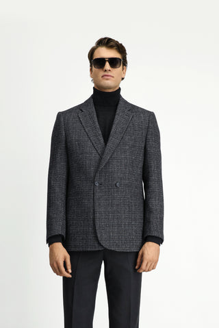  Koyu Antrasit Regular Fit Desenli Yünlü Kruvaze Ceket
