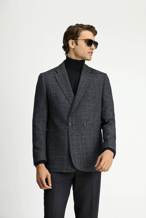 Koyu Antrasit 6 Drop Regular Fit Standart Kesim Desenli Yünlü Kruvaze Ceket