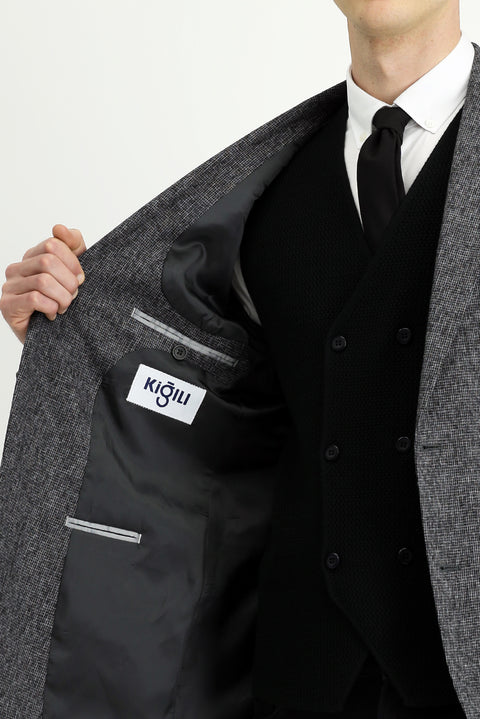 Açık Antrasit 7 Drop Slim Fit Dar Kesim Desenli Klasik Ceket