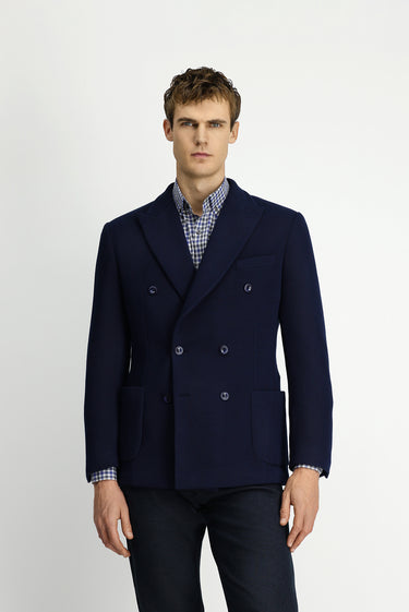 Koyu Lacivert 8 Drop Muscle Fit Uzun Atletik Kesim Sivri Yaka Torba Cep Astarsız Likralı Desenli Örme Kruvaze Ceket